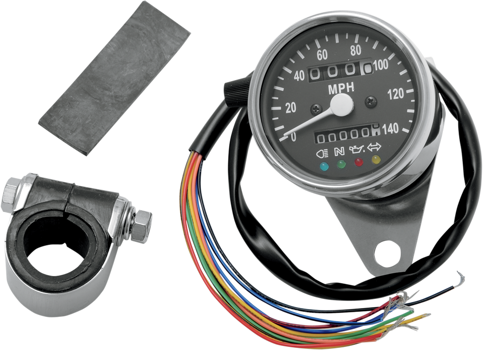 DRAG SPECIALTIES MPH Mini Mechanical Speedometer with LED Indicators - Black Face - 2:1 Ratio - 2.4" 21-6838LEDPB