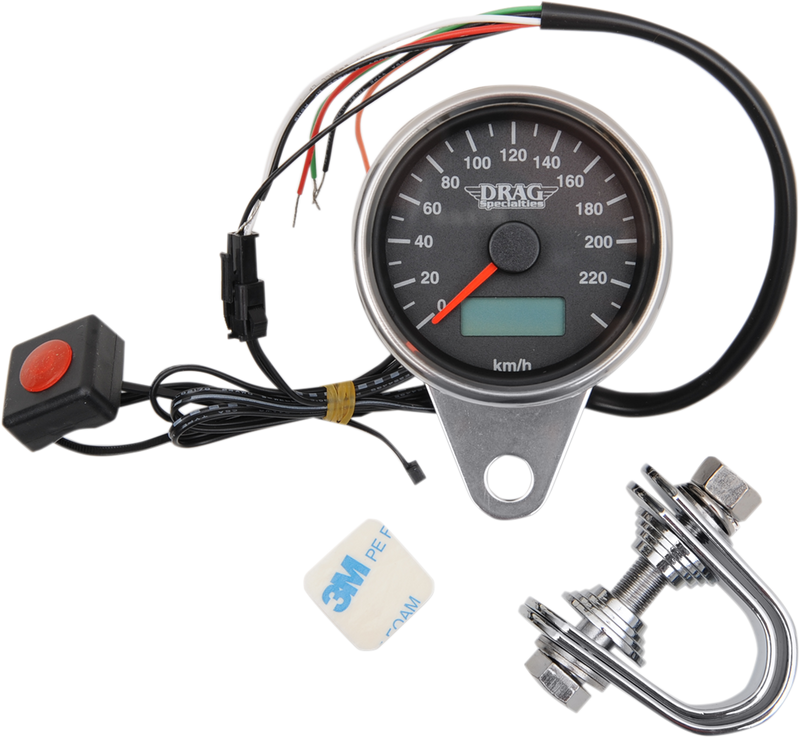 DRAG SPECIALTIES 2.4" KMH Programmable Mini Electronic Speedometer with Odometer/Tripmeter - Matte Black - Black Face 21-6895ADS