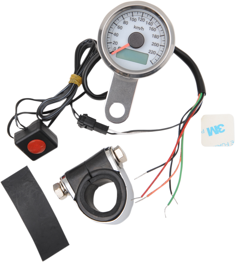 DRAG SPECIALTIES 1.87" KM/H Programmable Mini Electronic Speedometer with Odometer/Tripmeter - Polished - White Face 21-6899AWDS