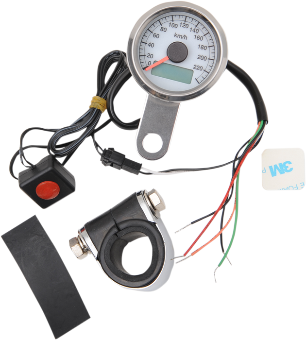 DRAG SPECIALTIES 1.87" KM/H Programmable Mini Electronic Speedometer with Odometer/Tripmeter - Polished - White Face 21-6899AWDS
