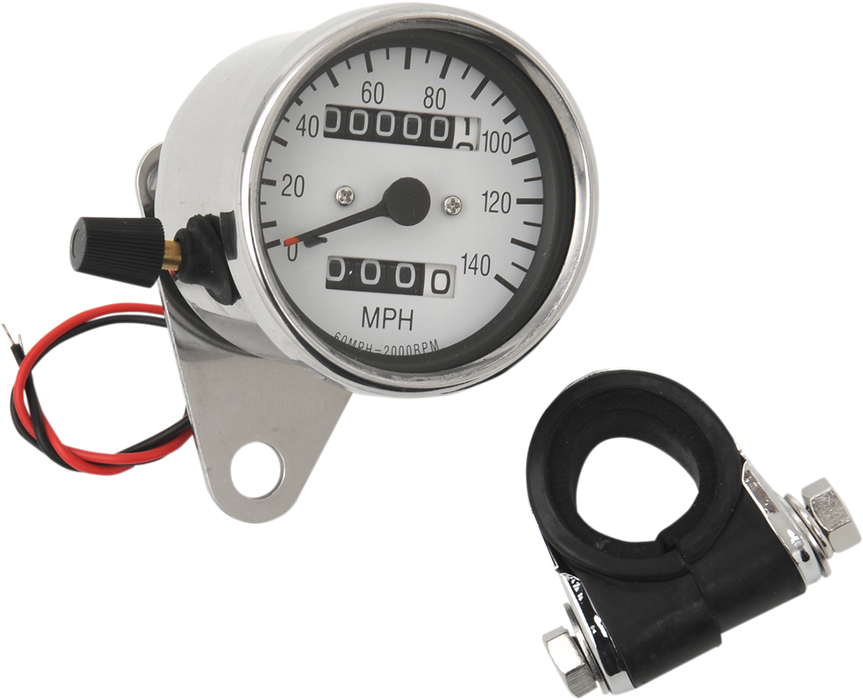 DRAG SPECIALTIES 2.4" MPH Mini LED Mechanical Speedometer/Indicators/Trip - Chrome Housing - White Face - 2:1 21-6835-BX15