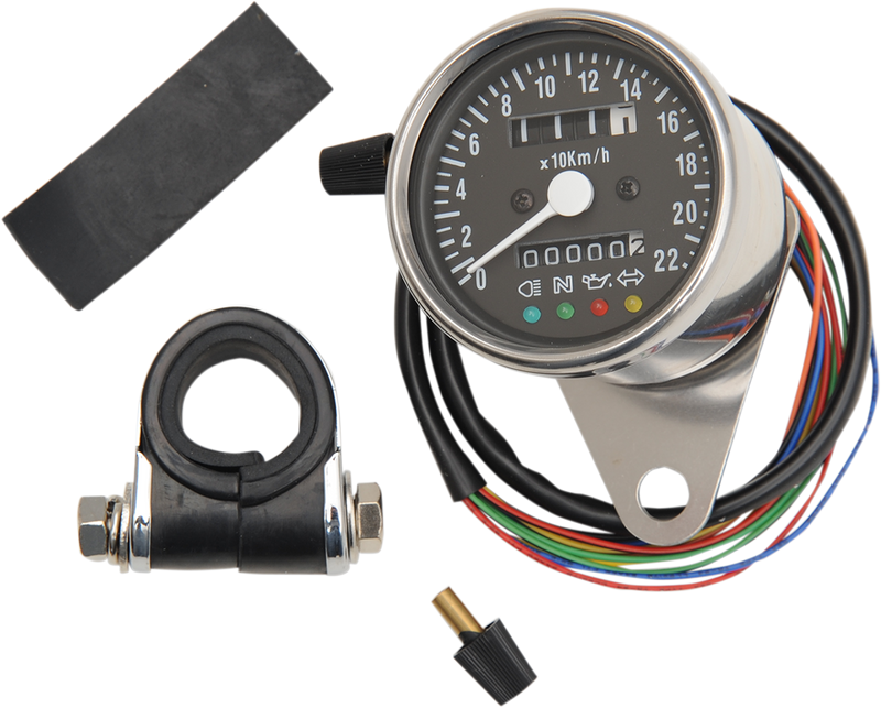 DRAG SPECIALTIES KPH Mini Mechanical Speedometer with LED Indicators - Black Face - 2:1 Ratio - 2.4" ACT 220KM/H SPEEDO 21-6818LEDPB