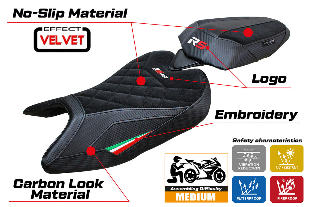 Aprilia RS 457 2023 2024 Seat Cover Tappezzeria Italia in Italy Flag and Black SE Diamond Stitch