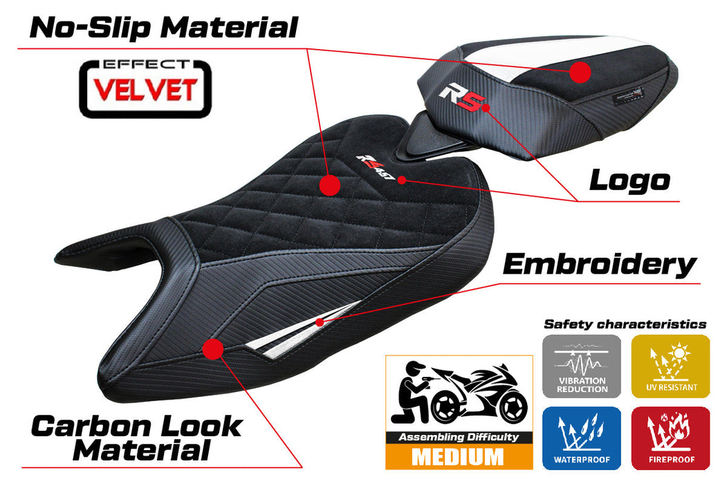 Aprilia RS 457 2023 2024 Seat Cover Tappezzeria Italia in White Black SE Diamond Stitch