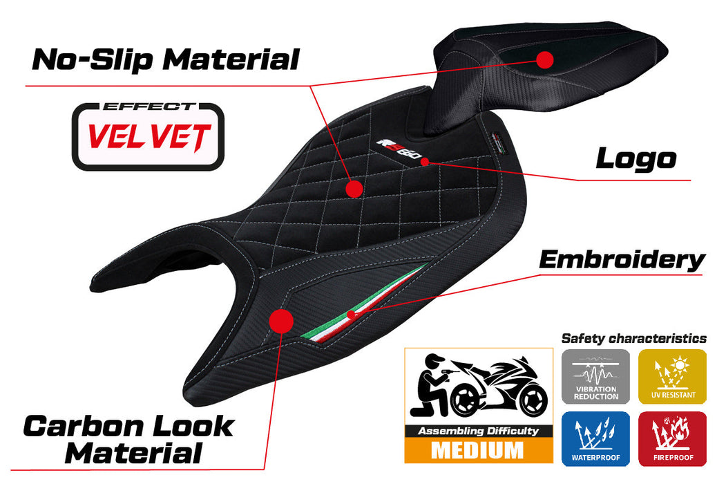 Aprilia RS 660 2021-2024 Seat Cover Tappezzeria Italia Velvet in Black Diamond Stitch