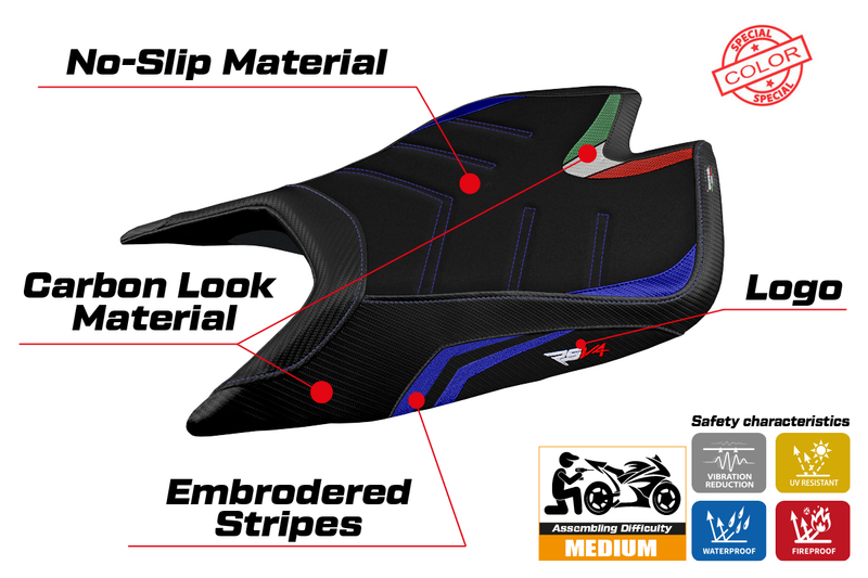Aprilia RSV4 2021-2024 Seat Cover Tappezzeria Italia Ultragrip in Blue and Black