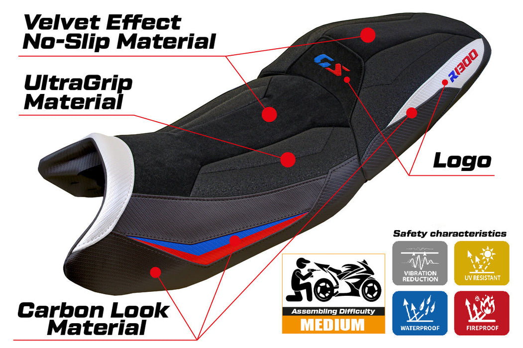 BMW R1300GS 2023 2024 Touring Seat Cover Tappezzeria Italia Ultragrip in White Red and Blue