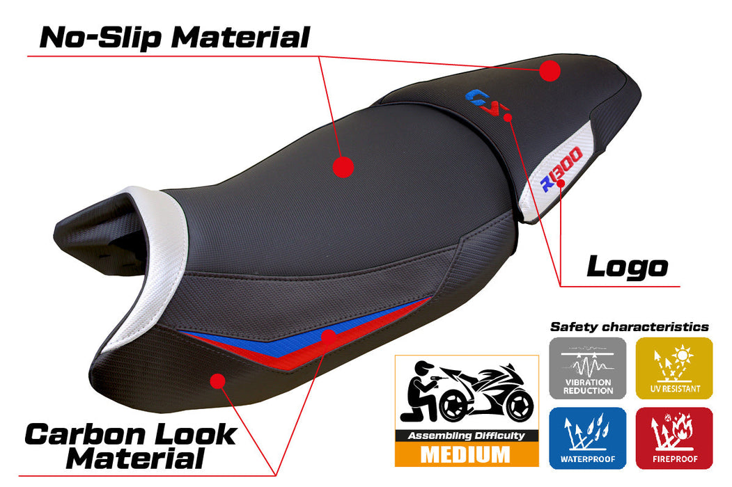 BMW R1300GS 2023 2024 Standard Seat Cover Tappezzeria Italia in White Red and Blue