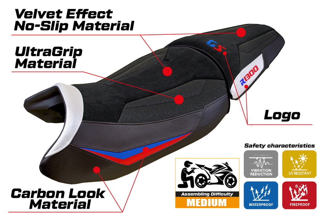 BMW R1300GS 2023 2024 Standard Seat Cover Tappezzeria Italia Ultragrip in White Red and Blue