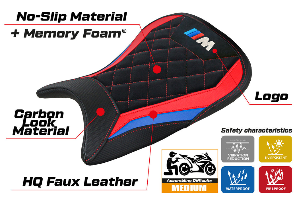 BMW M1000R 2022-2024 Seat Cover Tappezzeria Italia Comfort in Red, Blue and Black Velvet