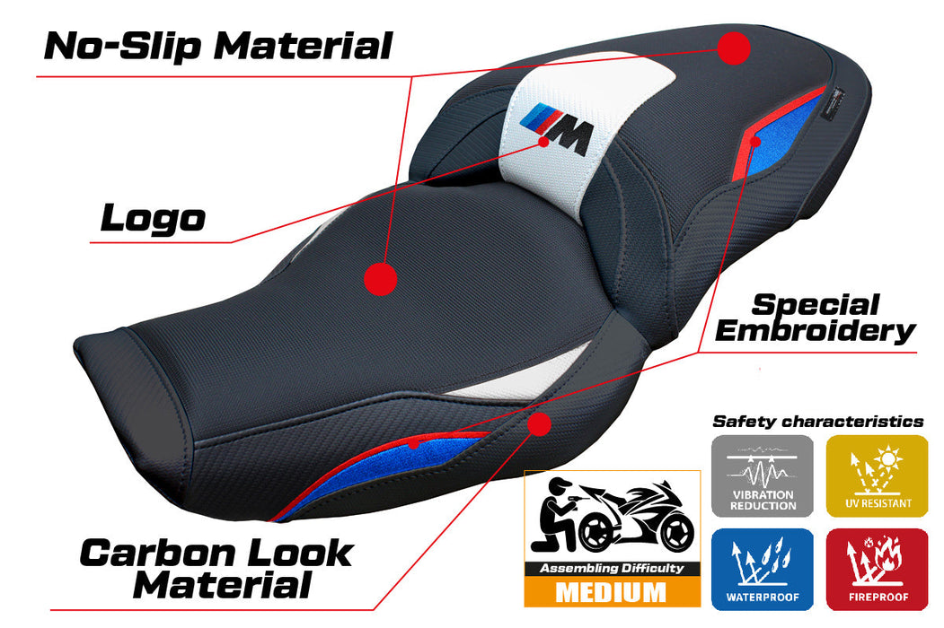 BMW M1000XR 2024 Seat Cover Tappezzeria Italia in White Red Blue and Black