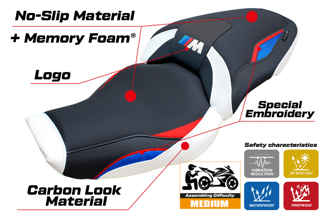 BMW M1000XR 2024 Seat Cover Tappezzeria Italia Comfort in Red Blue White and Black
