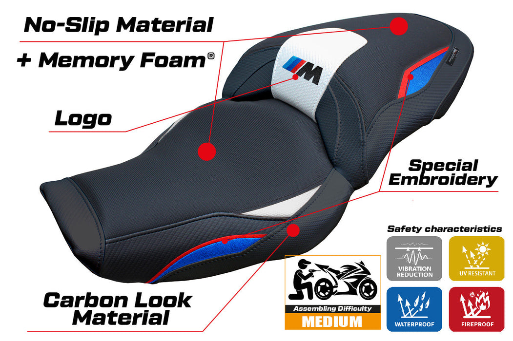 BMW M1000XR 2024 Seat Cover Tappezzeria Italia Comfort in White Red Blue and Black
