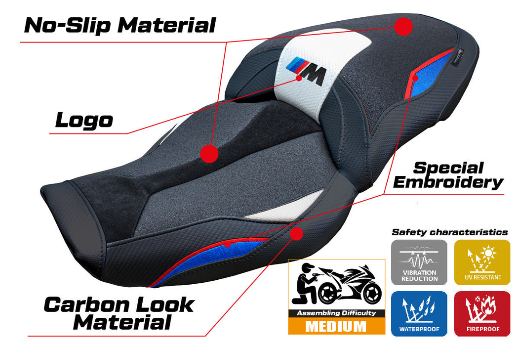 BMW M1000XR 2024 Seat Cover Tappezzeria Italia Ultragrip in White Red Blue and Black