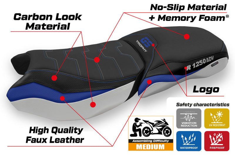 BMW R1250GS ADV 2019-2024 Comfort Heated Seat Cover Tappezzeria Italia in Blue and White