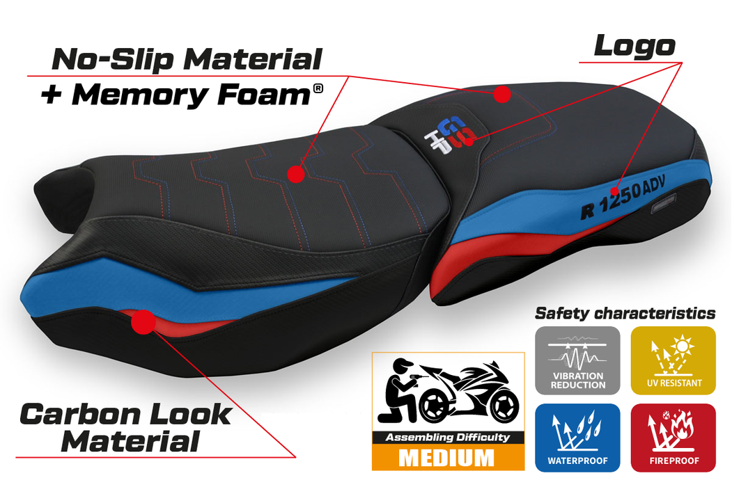 BMW R1250GS ADV 2019-2024 Comfort Heated Seat Cover Tappezzeria Italia in Red Blue