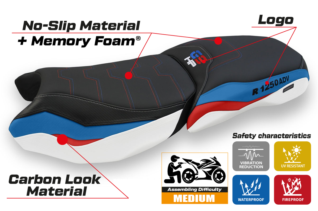 BMW R1250GS ADV 2019-2024 Comfort Heated Seat Cover Tappezzeria Italia in White, Red and Blue