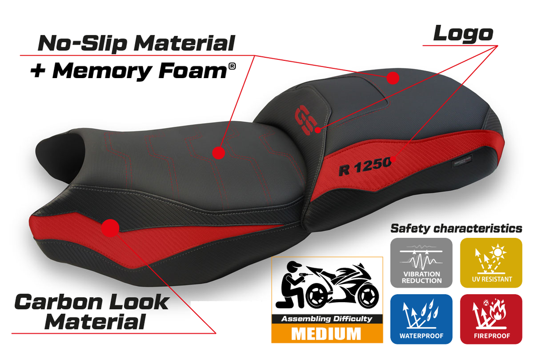 BMW R1250GS 2019-2023 Comfort Heated Seat Cover Tappezzeria Italia in Red and Black