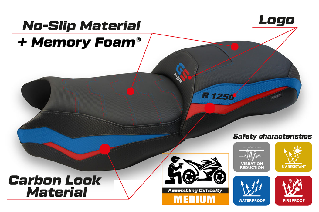 BMW R1250GS 2019-2023 Comfort Heated Seat Cover Tappezzeria Italia in Red and Blue