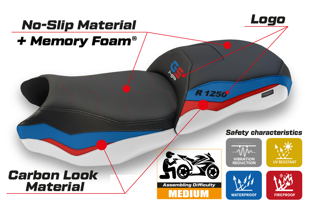 BMW R1250GS 2019-2023 Comfort Heated Seat Cover Tappezzeria Italia in White Red Blu