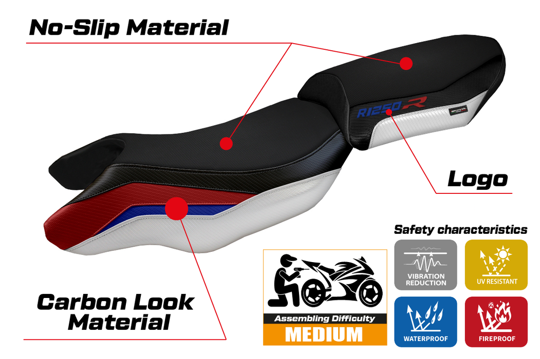 BMW R1250R 2019-2024 Seat Cover Tappezzeria Italia in Red, Blue and White HP