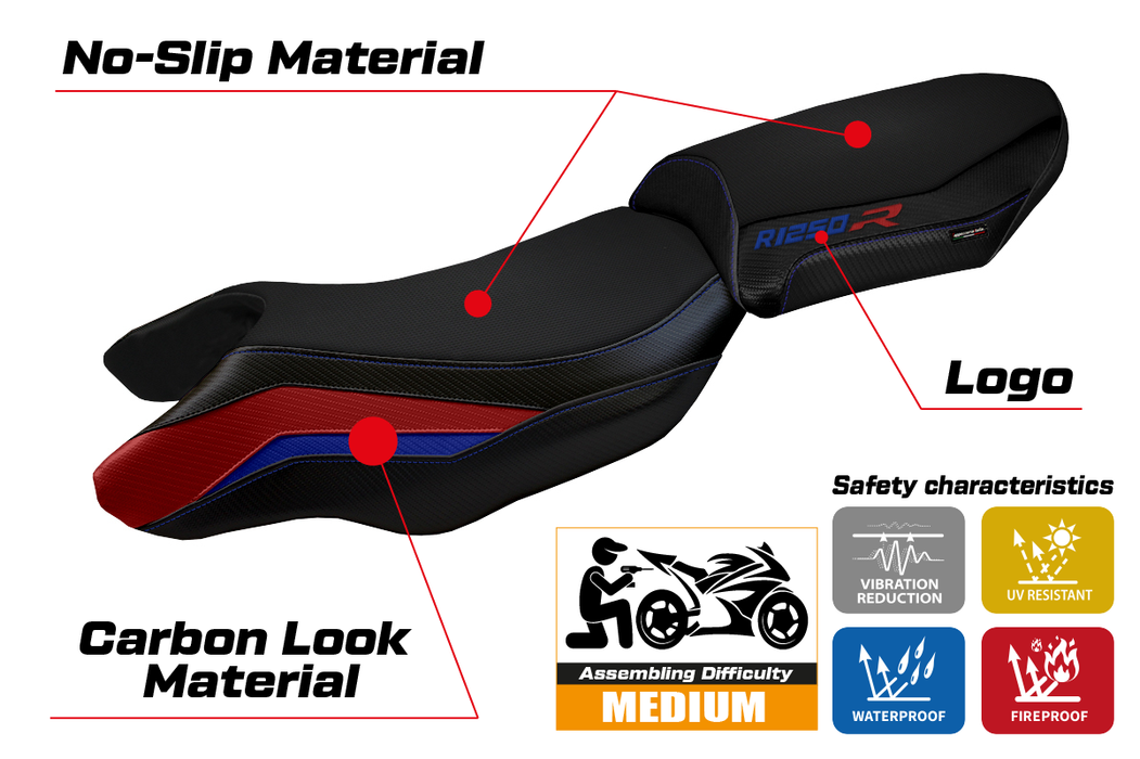 BMW R1250R 2019-2024 Seat Cover Tappezzeria Italia in Blue, Red and Black