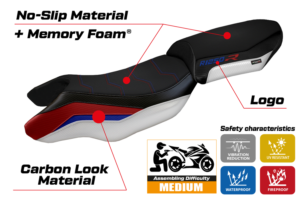 BMW R1250R 2019-2024 Seat Cover Tappezzeria Italia Comfort in Red, Blue and White
