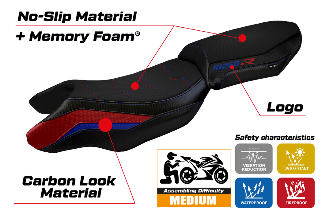 BMW R1250R 2019-2024 Seat Cover Tappezzeria Italia Comfort in Blue, Red and Black