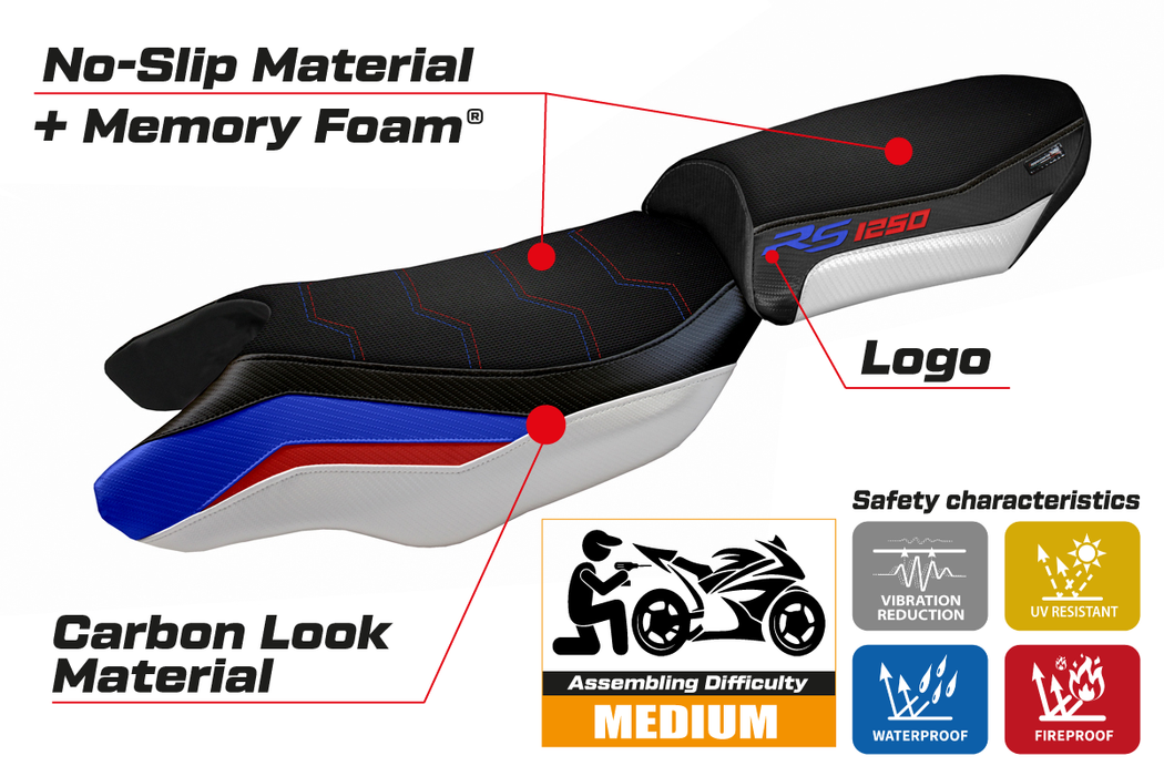 BMW R1250RS 2020-2024 Comfort Heated Seat Cover Tappezzeria Italia in Blue White Red
