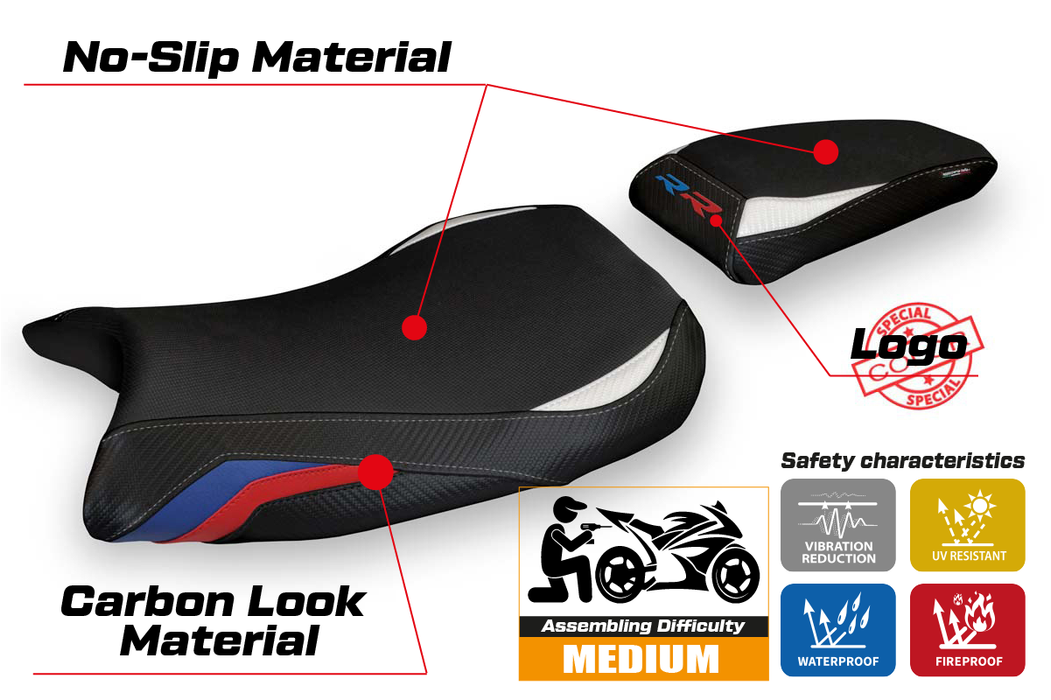 BMW S1000RR M Sport 2019-2024 Seat Cover Tappezzeria Italia in White, Red and Blue HP