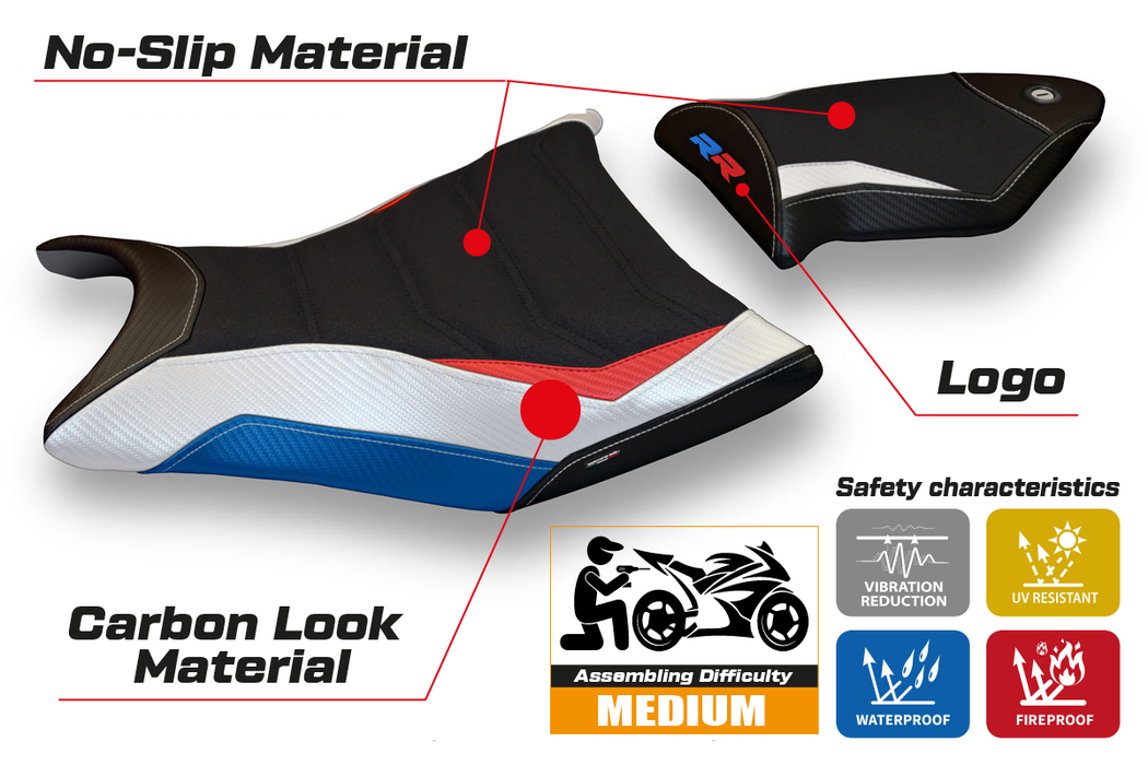 BMW S1000RR 2009-2011 Seat Cover Tappezzeria Italia Ultragrip in HP Red, White and Blue