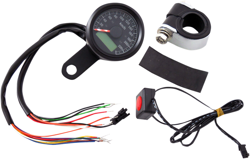 DRAG SPECIALTIES 1-7/8" Programmable Speedometer with Indicator Lights - Gloss Black - 220 KPH LED Black Face 77902K