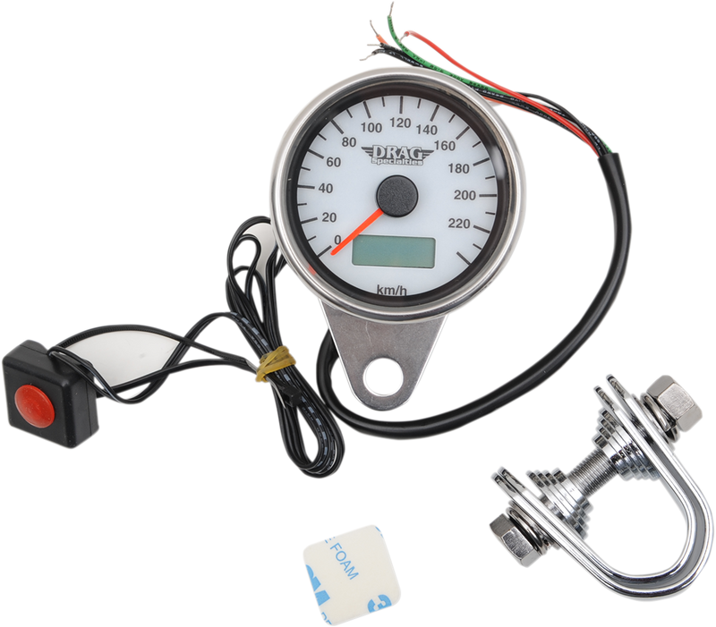 DRAG SPECIALTIES 2.4" KMH Programmable Mini Electronic Speedometer with Odometer/Tripmeter - Matte Black - White Face 21-6895AWDS