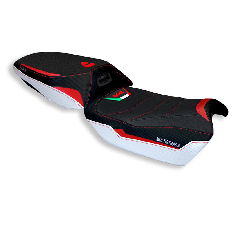 Ducati Multistrada V4 2021-2024 Heated Seat Cover Tappezzeria Italia Ultragrip in White and Red