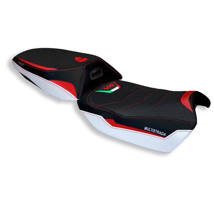 Ducati Multistrada V4 2021-2024 Heated Seat Cover Tappezzeria Italia Ultragrip in White and Red