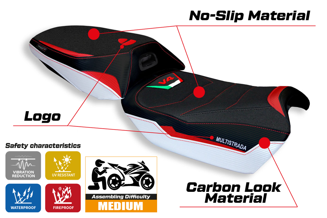Ducati Multistrada V4 2021-2024 Heated Seat Cover Tappezzeria Italia Ultragrip in White and Red