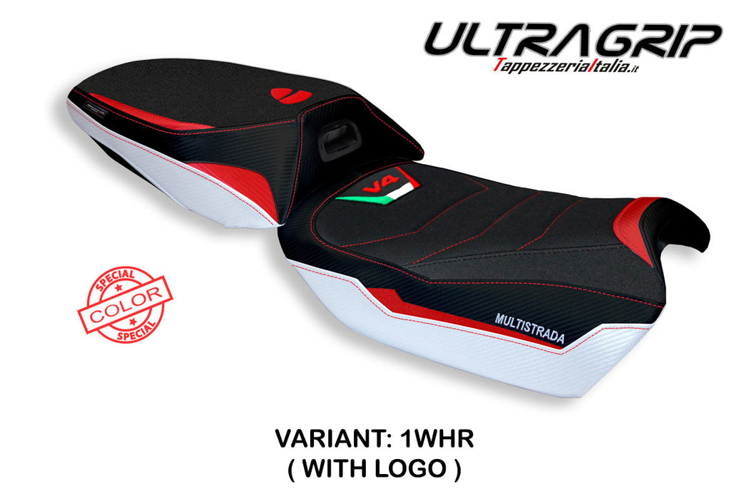 Ducati Multistrada V4 2021-2024 Heated Seat Cover Tappezzeria Italia Ultragrip in White and Red