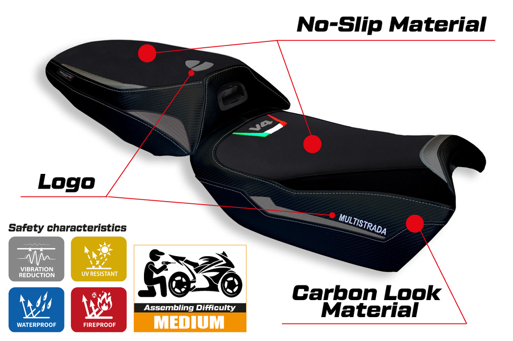 Ducati Multistrada V4 2021-2024 Heated Seat Cover Tappezzeria Italia in Grey and Black