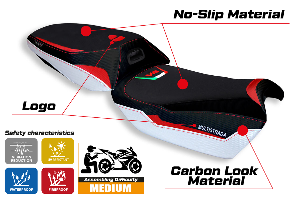 Ducati Multistrada V4 2021-2024 Heated Seat Cover Tappezzeria Italia in White and Red