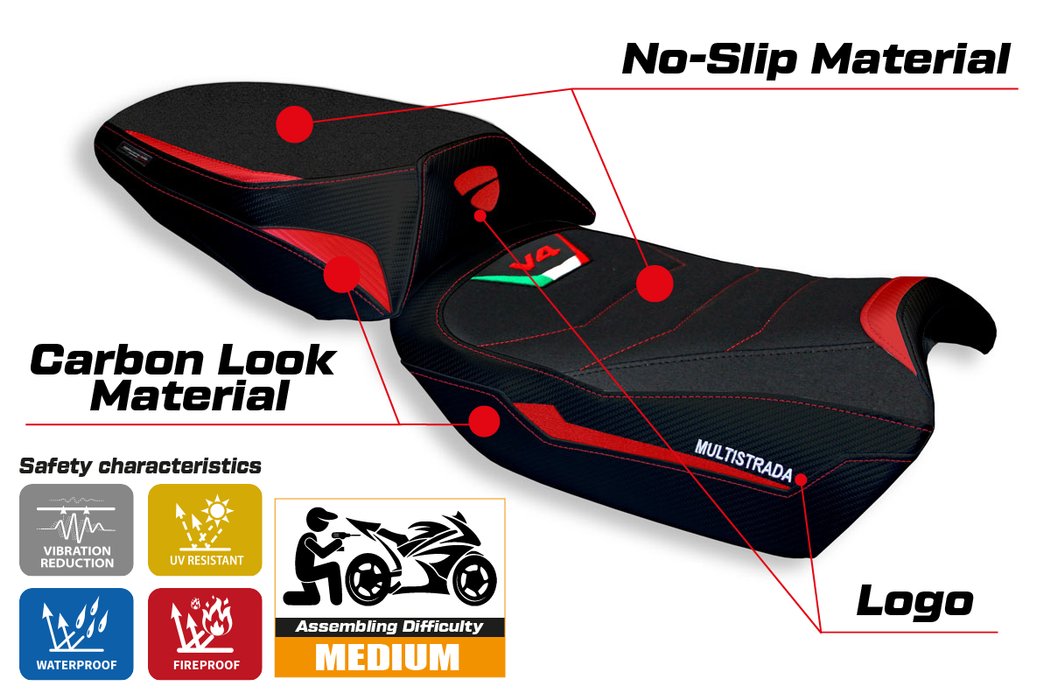 Ducati Multistrada V4 V4S 2021-2024 Seat Cover Tappezzeria Italia Ultragrip in Red and Black