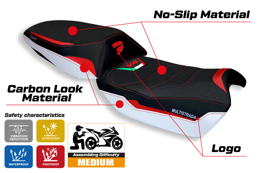 Ducati Multistrada V4 V4S 2021-2024 Seat Cover Tappezzeria Italia Ultragrip in White and Red