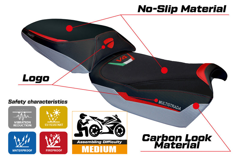 Ducati Multistrada V4 Rally 2023-2024 Seat Cover Tappezzeria Italia in Red, Silver and Black