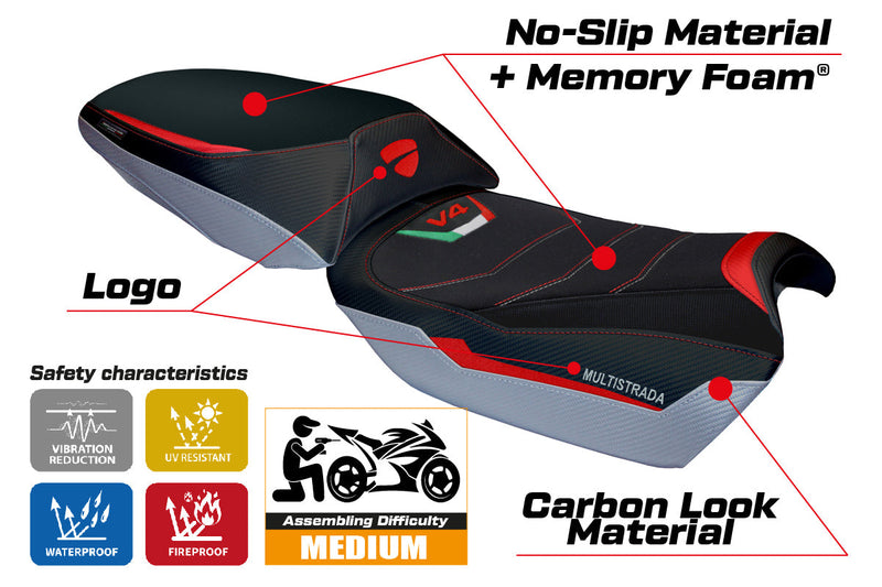 Ducati Multistrada V4 Rally 2023-2024 Seat Cover Tappezzeria Italia Comfort in Red, Silver and Black
