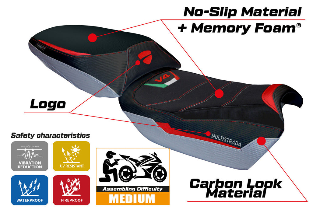Ducati Multistrada V4 Rally 2023-2024 Seat Cover Tappezzeria Italia Comfort in Red, Silver and Black