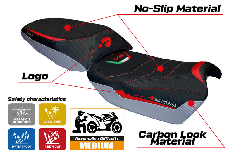 Ducati Multistrada V4 Rally 2023-2024 Seat Cover Tappezzeria Italia Ultragrip in Red and Silver