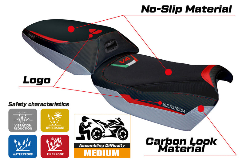 Ducati Multistrada V4 Rally Heat 2023-2024 Seat Cover Tappezzeria Italia in Red, Silver and Black