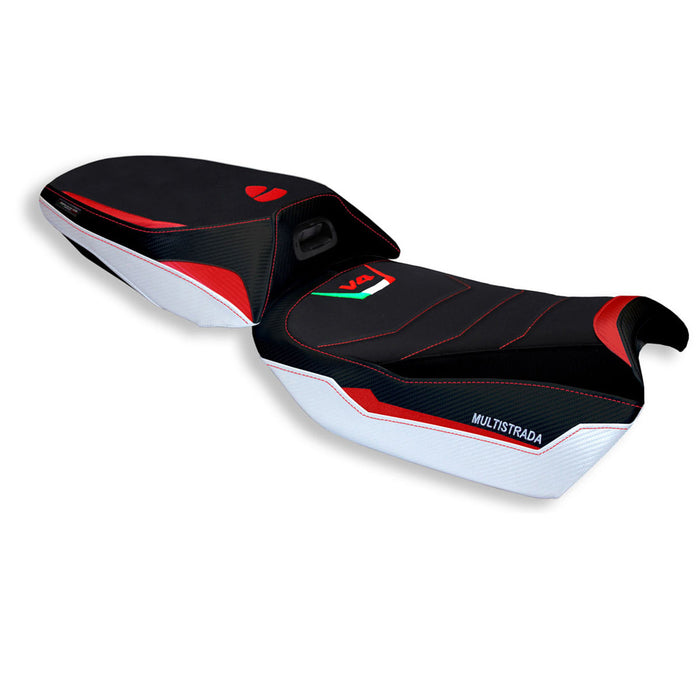 Ducati Multistrada V4 2021-2024 Heated Seat Cover Tappezzeria Italia Comfort in White and Red