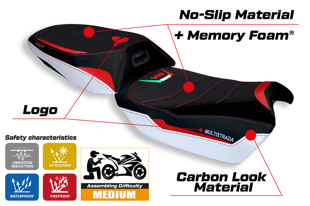 Ducati Multistrada V4 2021-2024 Heated Seat Cover Tappezzeria Italia Comfort in White and Red