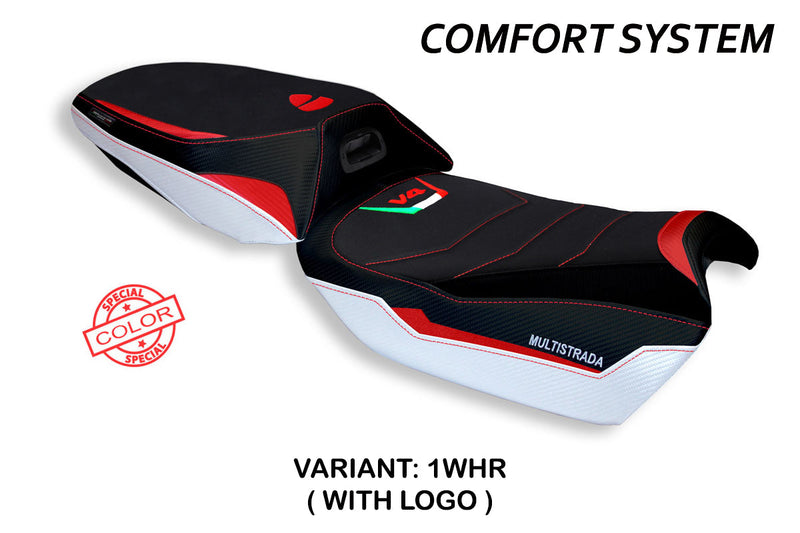Ducati Multistrada V4 2021-2024 Heated Seat Cover Tappezzeria Italia Comfort in White and Red