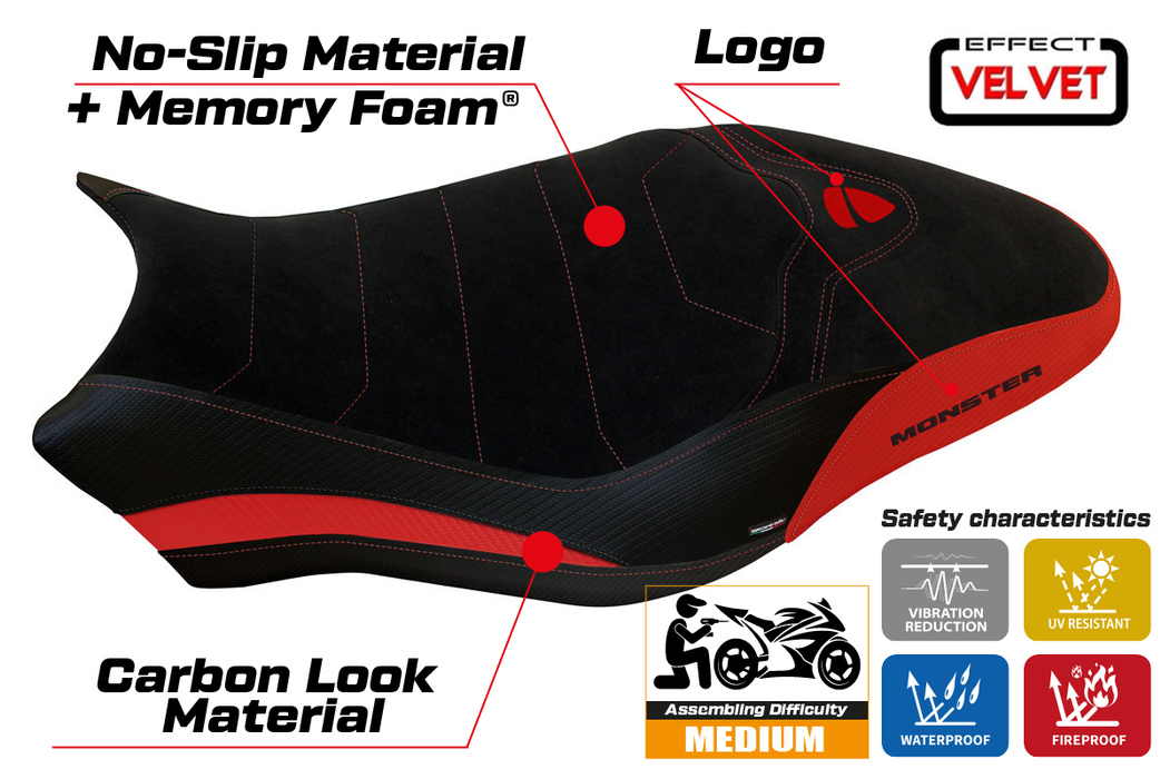 Ducati Monster 821 1200 2017-2020 Seat Cover Tappezzeria Italia Comfort in Red and Black